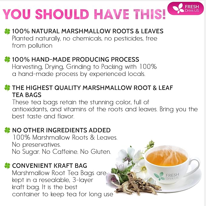 FreshDrinkUS, Premium 55 Marshmallow Root and Leaf Tea Bags, 100% Natural & Pure. Loose Leaf Marshmallow Herbal Tea. Made with Eco-Conscious Tea Bags. No Sugar, No Caffeine, No Gluten, Vegan.