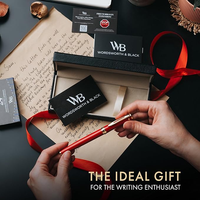 Wordsworth & Black Fountain Pen Set, 18K Gilded Extra Fine Nib, Includes 24 Pack Ink Cartridges, Ink Refill Converter & Gift Box, Gold Finish, Calligraphy, [Crimson Red], Perfect for Men & Women
