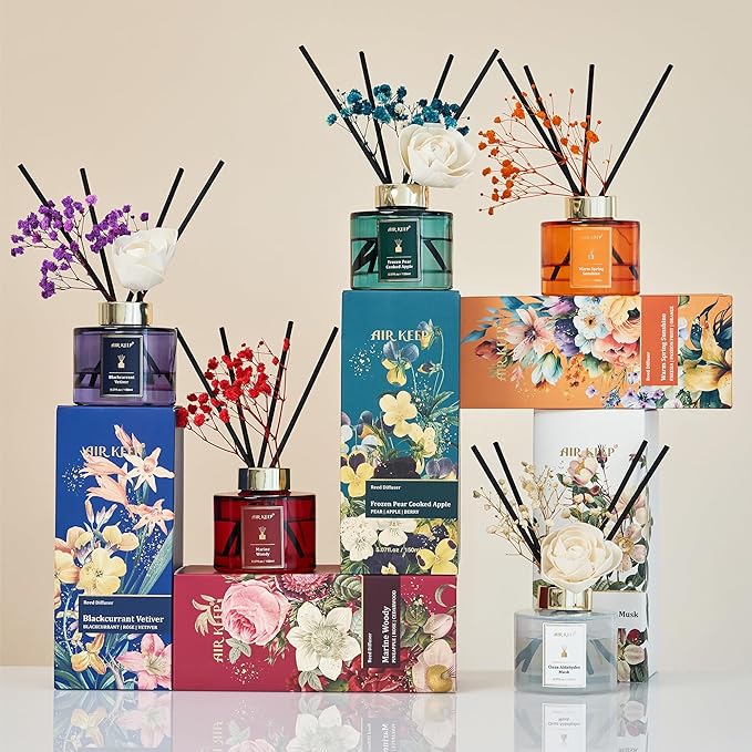 Airkeep Flower Reed Diffusers Set, 5.07 oz Freesia/Passion Fruit/Orange Scented Oil Diffuser with 8 Reed Sticks, Home Fragrance Diffuser Gift Set for Bathroom & Office Decor 150ml