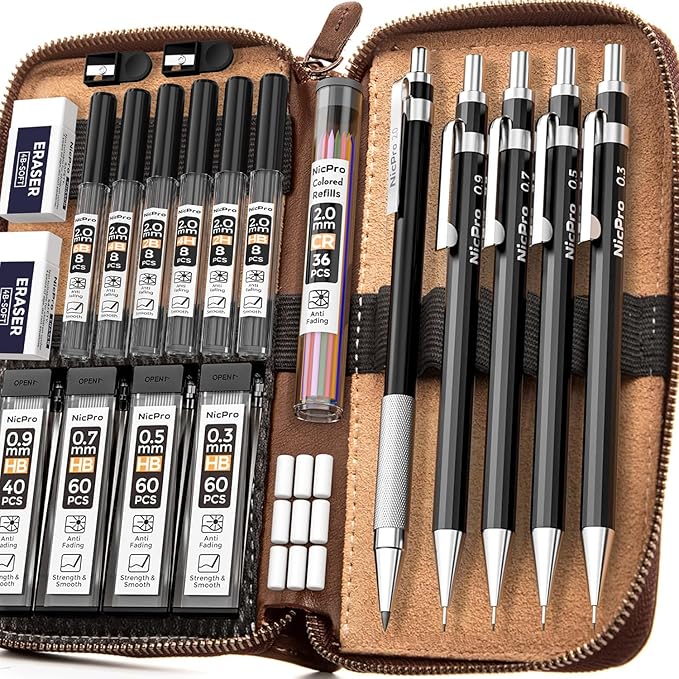 Nicpro 29PCS Black Metal Mechanical Pencil Set in Leather Case, 0.3, 0.5, 0.7, 0.9 & 2mm Lead Pencil Holder, (6B 4B 2B HB 2H 4H) Lead Refills (Black & Colors), Eraser For Art Drafting Sketching