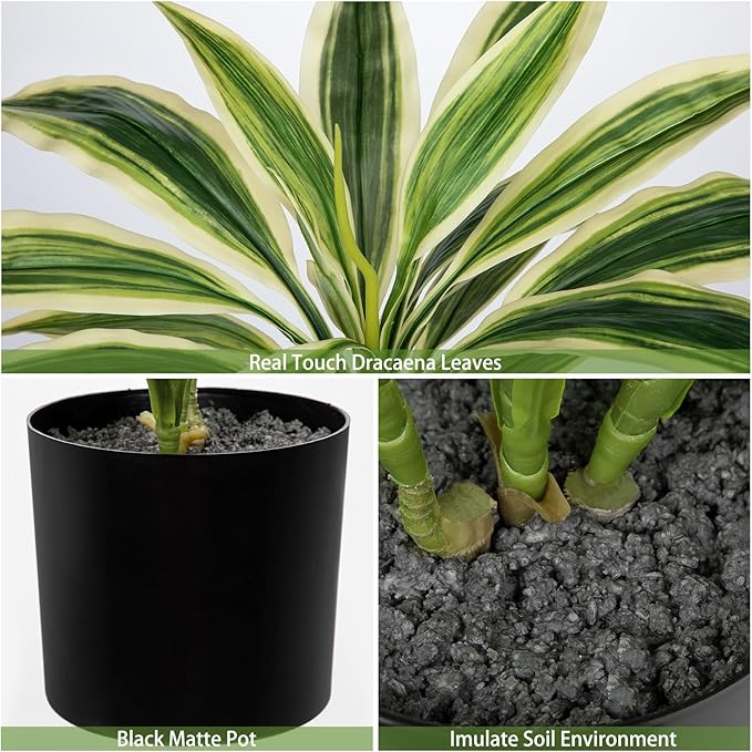 Artificial Plants Indoor with Pot, 18" Fake Potted Plants Medium Artificial Dracaena Plant in Black Pot Faux Tropical Plants for Bathroom Living Room Office Desk Shelf Decor