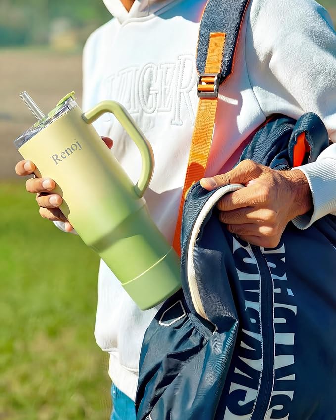 Renoj Tumbler with Handle 100% Leak Proof Insulated Water Bottle for Iced Coffee & Hot Drinks - Fits Car Cup Holder, Ideal Gift, 2 Straws & Silicone Boot BPA-Free - SnapShift Green Gradient 32 oz