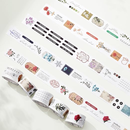 WT Seasonal Splendor Washi Tape Sticker Set, 5 Rolls, Original Designs, Vintage Watercolor Floral Design, Adhesive Stickers for Junk Journals, Scrapbooks, Bujo, Planners, DIY Crafts