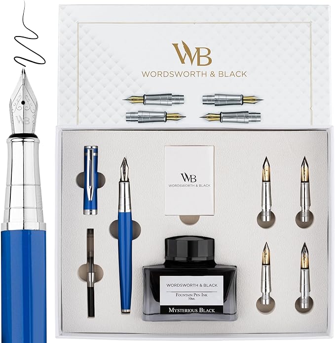 Wordsworth & Black Fountain Pen Gift Set, Includes Bottle, 6 Cartridges, Refill Converter, 4 Replacement Nibs, Premium Package, Journaling, Calligraphy, Smooth Writing Pens [Blue Chrome]
