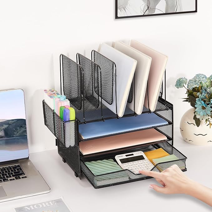 LEKETREE Desk Organizers and Accessories, 3-Tier Paper Organizer with 5 Vertical File Holders, File Organizer for Desk (Black With Drawer, 3T With Drawer)