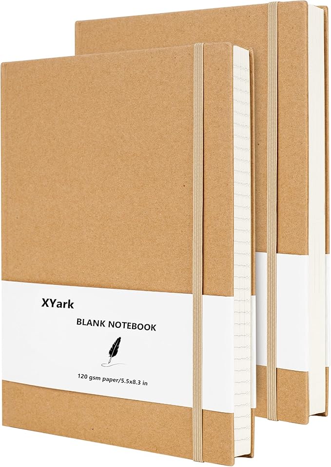 XYark Blank A5 Karft Notebook Journals Bulk, Plain Hardcover Subject Sketchbook Composition Notebooks Planner with Unlined Paper, 2 Pack, 120GSM, 102 Sheets, 5.5x8.3 inch, Travel Journal Set