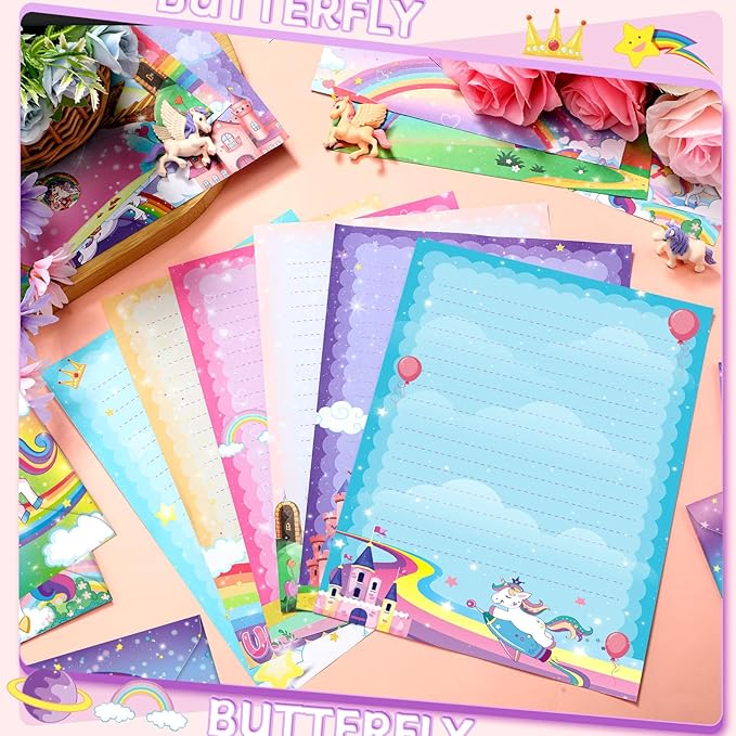 TaoBary 160 Pcs Stationery Paper Set 50 Double Sided Stationery Papers with 50 Matching Envelopes and 60 Round Dot Sticker, 10 Design(Unicorn,8.5 x 11 Inch)