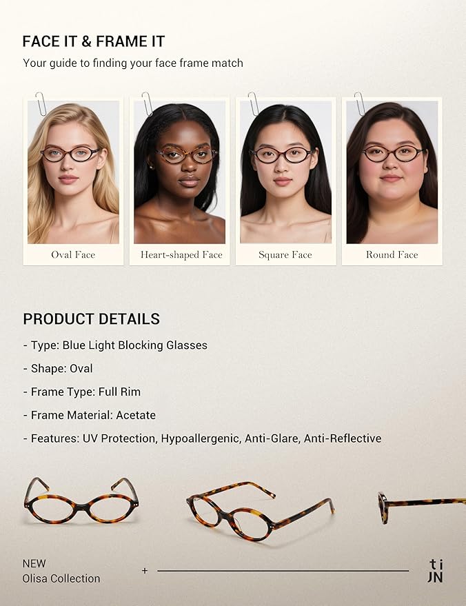 TIJN Olisa Blue Light Blocking Glasses for Women Men,Oval Glasses Frame Bluelight Glasses for Gaming/Computer/Screen