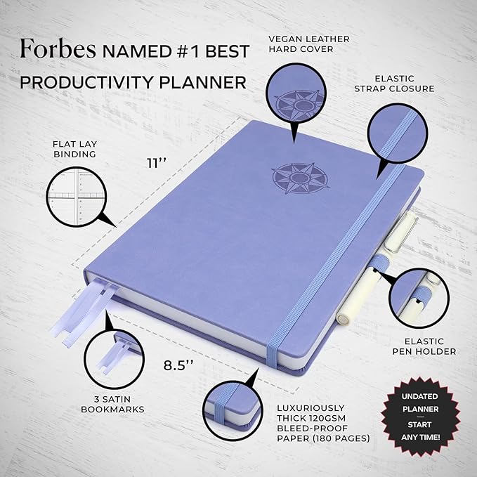 Smart Planner Pro – Large 11 x 8.5 inches (A4) – Undated Agenda Daily Planner – Tested & Proven to Achieve Goals & Increase Productivity, Time Management & Happiness with Weekly, Monthly, Gratitude Sections, Back Pocket (Lavender)