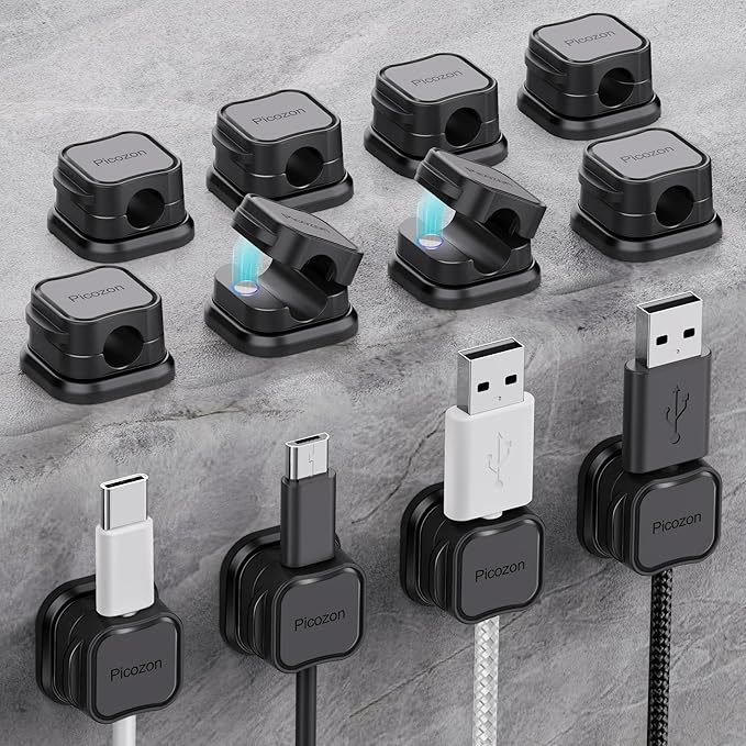 12 Pack Magnetic Cable Clip Organizer Cord Holder, Picozon Adhesive Cable Management, Wire Phone USB Charger Cable Holder, Keeper Organizer for Office Home Desktop Table - Black