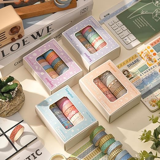 Songdao 20 Rolls Basic Washi Tape Set Japanese Arts Adhesive Tapes Simple Patterns Decorative Masking Tape Sets for Craft, Kids, Scrapbook, DIY, Gift Wrapping (Style Five)