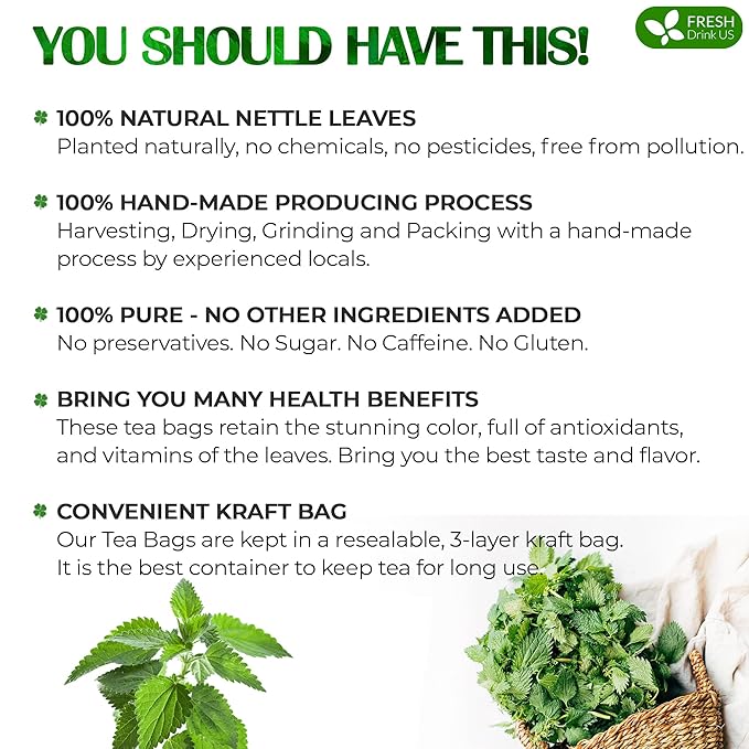 FreshDrinkUS, Premium 75 Nettle Leaf Tea Bags, 100% Natural & Pure from Nettle Leaves. Loose Leaf Nettle Herbal Tea. Nettle Leaf Tea. No Sugar, No Caffeine, No Gluten, Vegan.