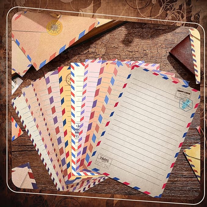 160 Pcs Stationery Paper Envelopes Set Includes 50 Lined Writing Paper & 50 Envelopes with 60 Colorful Round Dot Stickers, Cute Vintage Travel Letter Writing Stationery Paper Envelopes(10Style)