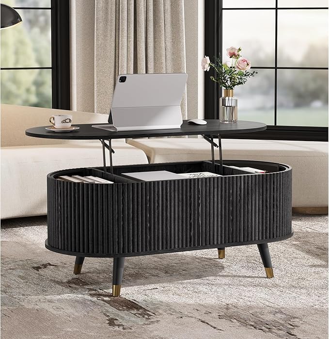 JOINICE 42.5" Oval Lift Top Coffee Table with Storage, Mid Century Modern Black Center Table with Fluted Panel, Solid Wood Legs & Hidden Compartment for Living Room