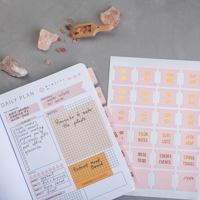 DiverseBee Gold Foil Planner 24 Peel and Stick Laminated Tabs for Notebooks, Calendar Tab Stickers and Monthly Dividers (Seasalt)
