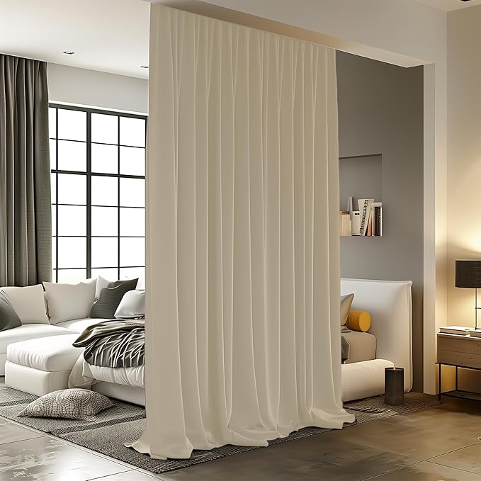 Room Divider Curtains for Ceiling Track Rod, 10 ft Wide x 9 ft Tall, Cream Beige