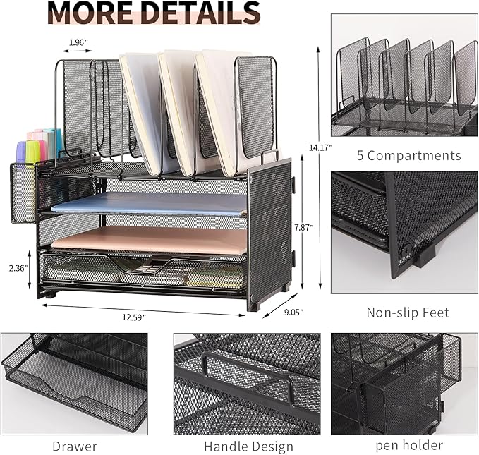 LEKETREE Desk Organizers and Accessories, 3-Tier Paper Organizer with 5 Vertical File Holders, File Organizer for Desk (Black With Drawer, 3T With Drawer)