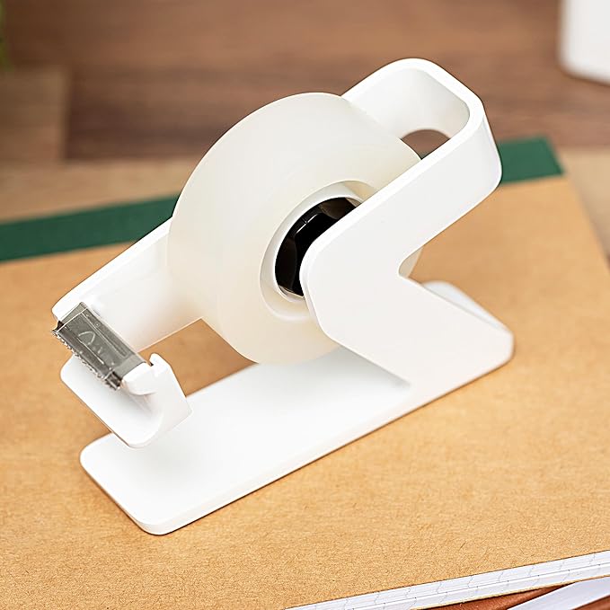 ELYPRO Modern Tape Dispenser for Office Desk - Elegant and Minimalist Design, Heavy Metal Made, Space-Saving, Perfect for Office & Home Use or as a Stylish Gift - Bonus Tape Roll Included (White)