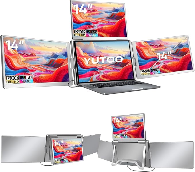 YUTOO 4 Screen Laptop Monitor Extender | for M1 M2 M3 | 1200P FHD IPS 4 Screen Monitor for Laptops 12~18 inch | Quad Screen Extender Display for MacBook/Windows/Switch/PS5 | One Cable | Driver Need