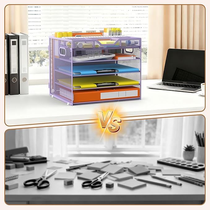 Docnest 5 Tier Letter Tray with Hanging File Organizer-Mesh Desk Organizer-Desktop Storage Box Built in Pen Holder and Handles, File Folder Holder for Mail Documents Office Supplies-Purple