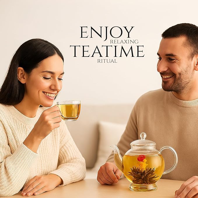 Tea Bunch Blooming Flower Tea Set – 12x2 Hand-Tied Organic Green Tea Balls with 24 Packs of Rock Sugar, Gift-Ready Packaging, Calming Floral Tea for Wellness & Relaxation (Glass Teapot Not Included)