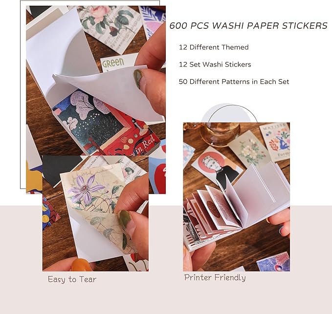 12 Sets 600 Sheets Washi Stickers for Journaling, Boho, Abstract, Vintage Scrapbook Sticker Set for Bullet Journal Art Diary Card Craft Gifts Planner Notebook