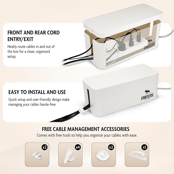 DMoose Cable Management Box - 2 Pack Medium & Large Cord Organizer for Desk & Floor - Cable Organizer Box for Child & Pet - Cable Box Hider for Tidy Office & Home, Power Strip Cover (White, Pack of 2)