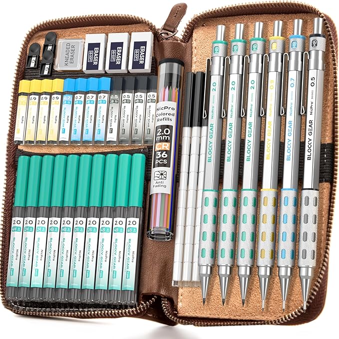 Nicpro Blocky Gear Metal Mechanical Pencil Set with Leather Case, 40PCS Art Drafting Pencil 0.5, 0.7, 0.9 & 2mm Lead Pencil with 352PCS (HB 2H 4H 2B 4B 6B Color) Lead Refills for Sketching Drawing
