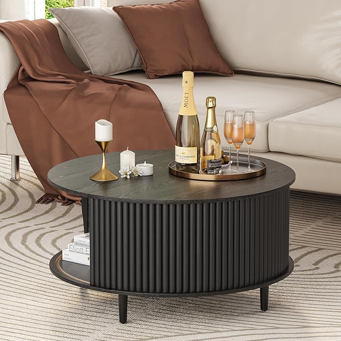 JOINICE,Black Round Coffee Table with Storage, 31.5" Fluted Center Table with Sliding Door, Modern Circle Drum Accent Table for Living Room, Sleek Wood Furniture for Small Spaces & Apartments