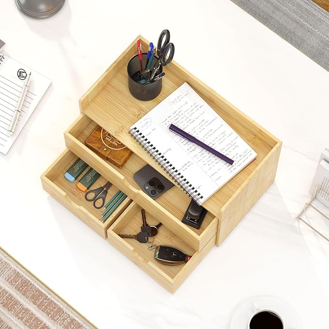 Bamboo Desk Organizer with Drawers Small Desktop Drawers for Countertop Mini Tabletop Storage Container with Drawer for Home Office No Assembly Required