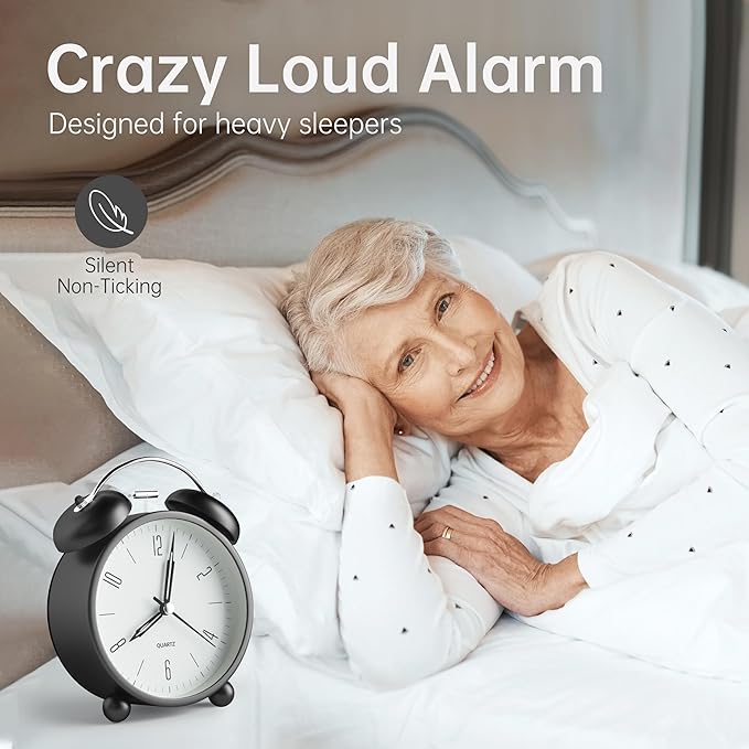 Twin Bell Loud Alarm Analog Alarm Clock, 4 inch Super Silent Non Ticking Small Clock with Night Light, Battery Operated, Simple Design, Old Fashioned, for Heavy Sleeper, Bedroom, Bedside, Desk, Black