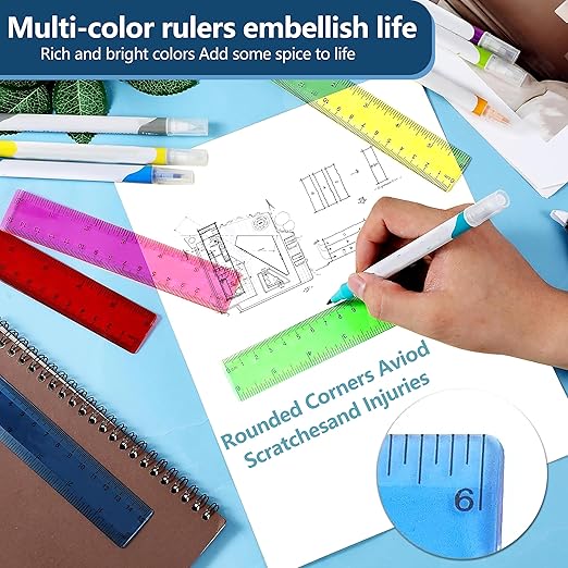 50Pcs 6 Inch Rulers with Inches and Centimeters in Bulk，Plastic Ruler in Assorted Colors, Clear Ruler, Transparent Rulers Bulk for Students Back to School Office Supplies(50Pcs)