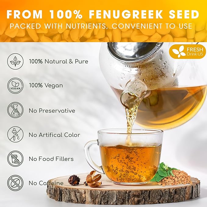 FreshDrinkUS, Premium 15 Tea Bags Fenugreek, 100% Natural & Pure from Fenugreek. Fenugreek Herbal Tea. Made with Natural Material Tea Bags. No Sugar, No Caffeine, No Gluten, Vegan.