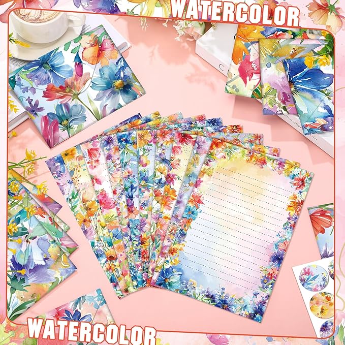 TaoBary 160 Pcs Stationery Paper Set 50 Double Sided Stationery Papers with 50 Matching Envelopes and 60 Round Dot Sticker, 10 Design(Bright Floral,5.5 x 8.25 Inch)