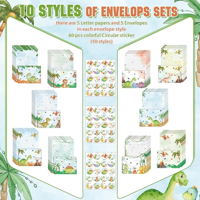 TaoBary 160 Pcs Stationery Paper Set 50 Double Sided Stationery Papers with 50 Matching Envelopes and 60 Round Dot Sticker, 10 Design(Watercolor Dinosaur,8.25 x5.5 Inch)