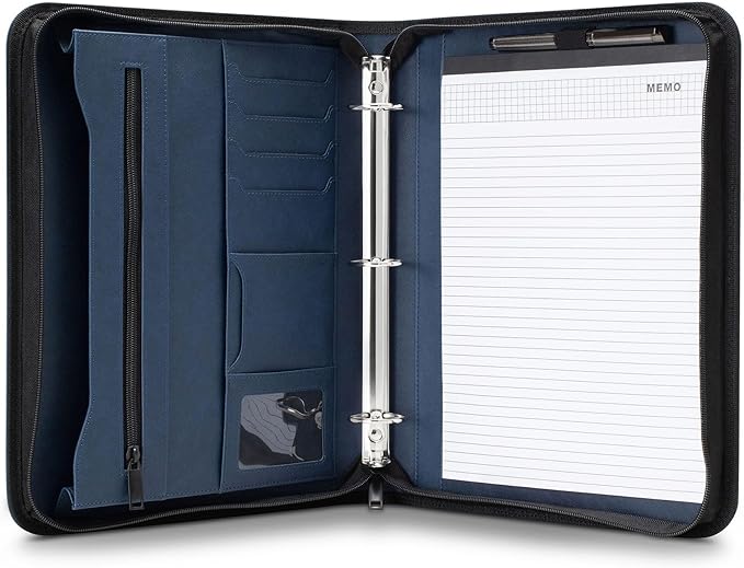 Forevermore Portfolios Portfolio Organizer - 3 Ring Binder with Notepad - 1.5 Inch Rings - Zippered Storage Pockets for Papers, Travel Documents, Presentation Folder, Cards, Passport, Tickets - Blue