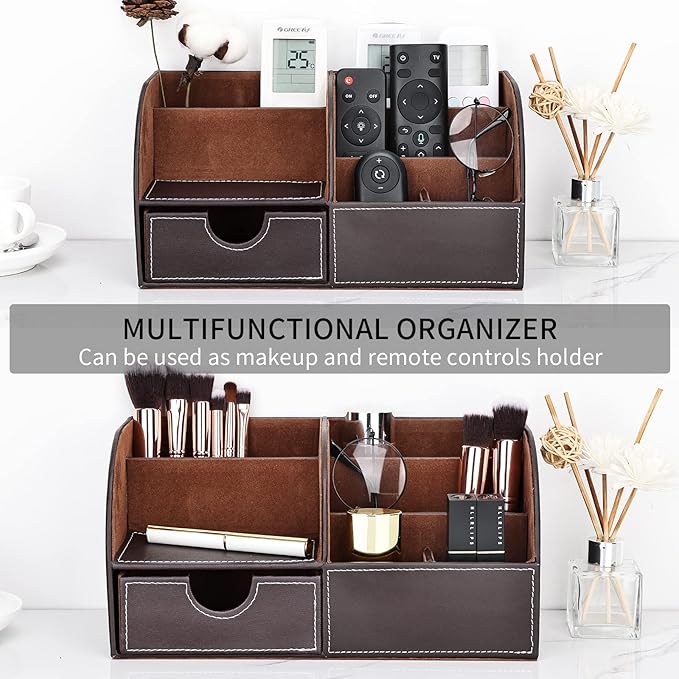 KINGFOM Pu Leather Desk Organizer Pen Pencil Holder Office Supplies Caddy Storage Box 6 Compartments with Drawer Brown