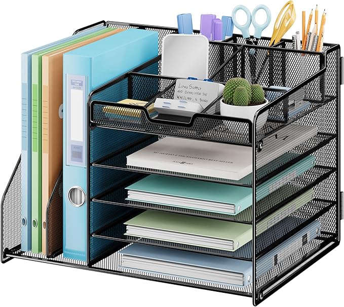 Lavatino Desk Organizer, 5-Tier Metal Mesh Paper Letter Tray with 2 File Holders & 7 Flexible Dividers for Office or Home Desk Organizers and Accessories, Keep Workspace Supplies Neat, Black