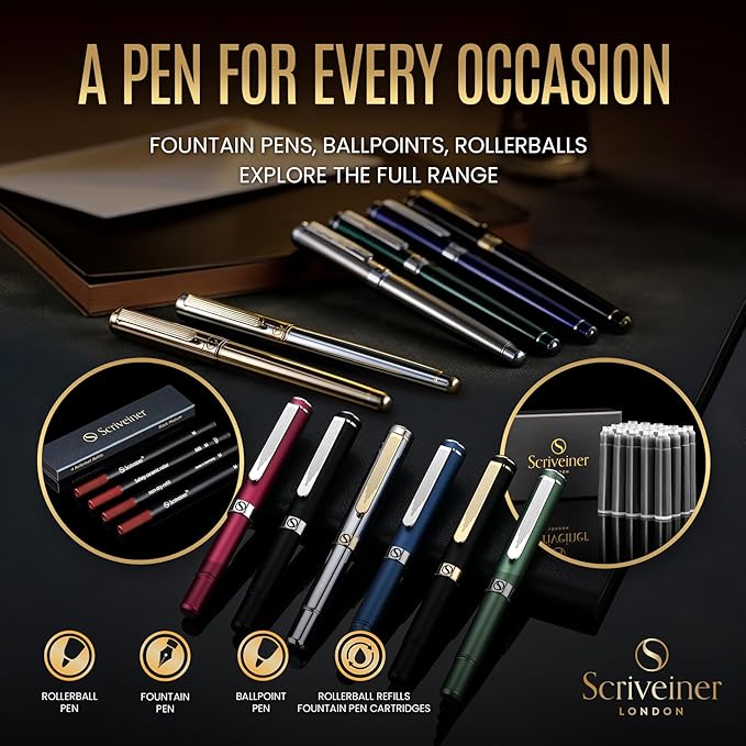 Scriveiner Personalized Gold Fountain Pen - Stunning Luxury Pen, Real Gold Plating, Schmidt Ink Refill, Best Engraved Fountain Pen Gift Set for Men & Women, Custom Name Engraving