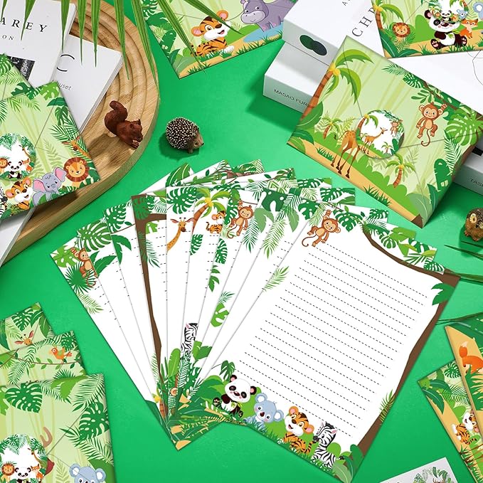 TaoBary 160 Pcs Stationery Paper Set 50 Double Sided Stationery Papers with 50 Matching Envelopes and 60 Round Dot Sticker, 10 Design(Safari Animal,5.5 x 8.25 Inch)