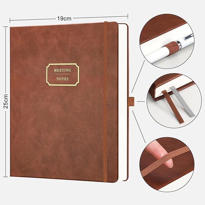 EMSHOI Meeting Notebook for Work with Action Items - 320 Pages B5 Thick Project Planner Agenda Organizer Work Notebook for Women Men Office Business Notes, PU Leather Hardcover, 7.5" x 10", Coffee