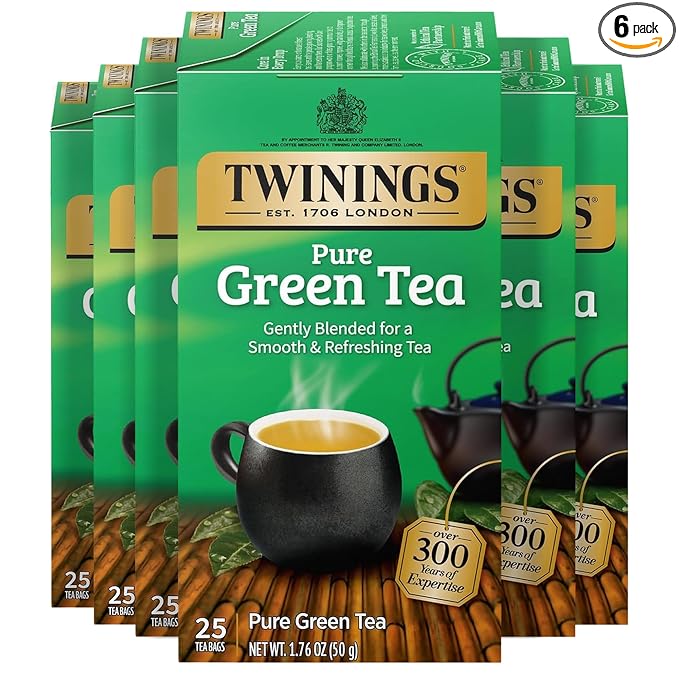 Twinings Pure Green Tea Individually Wrapped Bags, 25 Count (Pack of 6), Smooth Flavour, Enticing Aroma, Caffeinated, Enjoy Hot or Iced, 150 Teabags