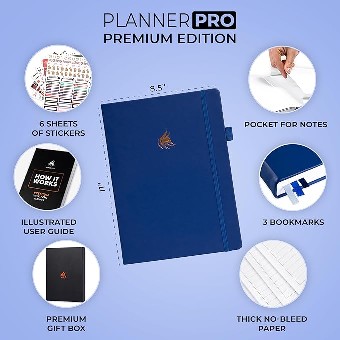 Clever Fox Planner Pro Premium – Luxurious Weekly & Monthly Planner with Budget Organizer for Productivity & Goals, Undated, A4 (Navy Blue)