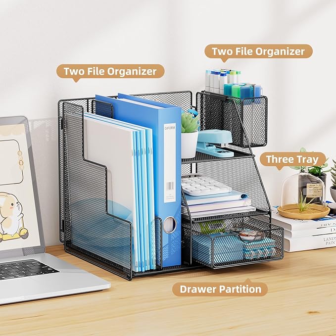 Marbrasse Desk Organizer and Accessories, 3-Tier File Organizer with Drawer and Pen Holder, Small Desktop Organizer and Storage for Workspace Office Supplies Black