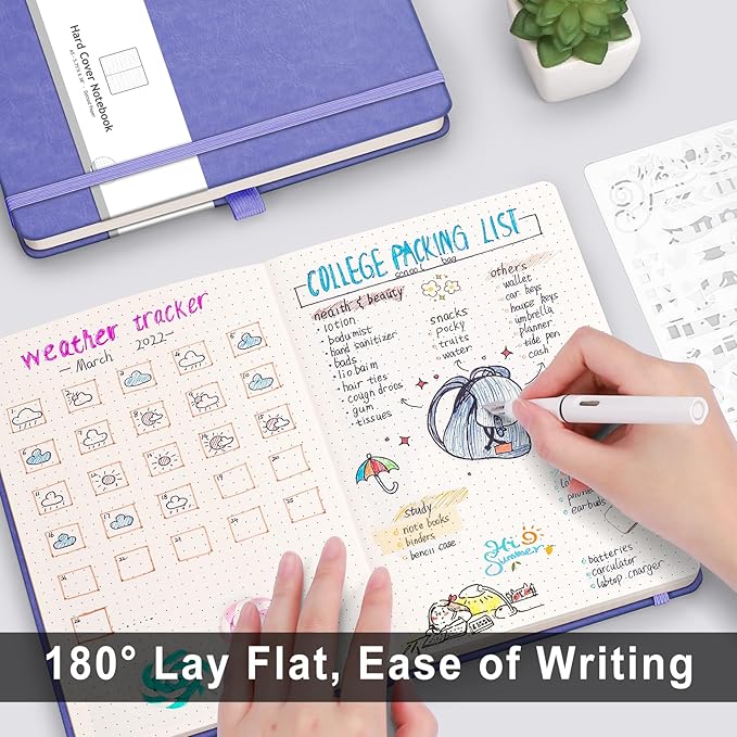 AHGXG Bullet Dotted Journal - 320 Numbered Pages Dot Grid Notebook A5 Thick Journal, 100gsm Thick Dotted Paper, Leather Hardcover,Inner Pocket, 5.75'' × 8.38''-Light Purple