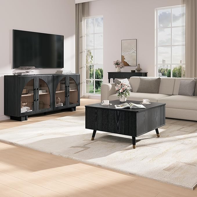 JOINICE 32" Square Lift Top Coffee Table with Storage, Modern Black Center Table for Living Room, Minimalist Wood Cocktail Table with Rising Desktop, Home Office
