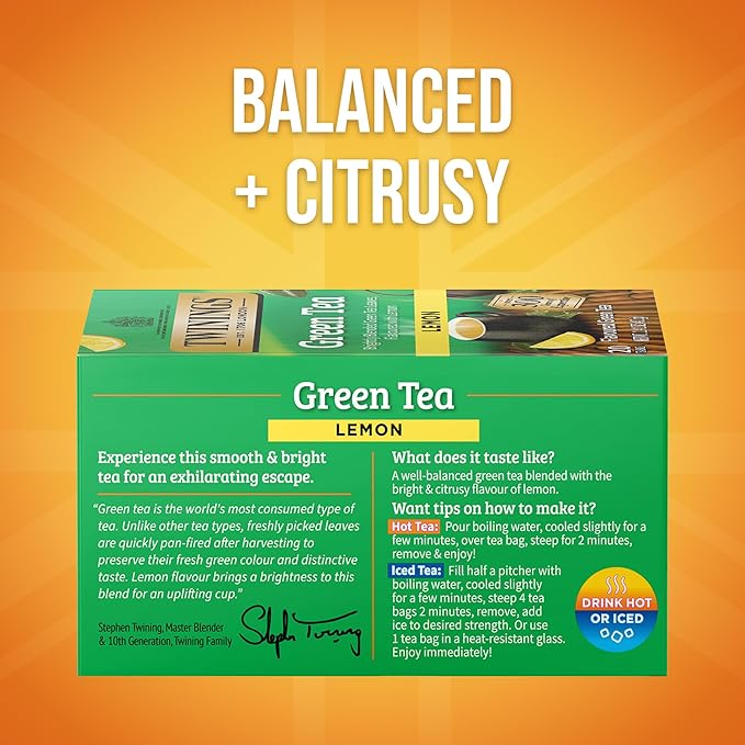 Twinings Green Tea with Lemon Individually Wrapped Bags, 20 Count (Pack of 1), Zesty Citrus Aroma & Flavour, Caffeinated, Enjoy Hot or Iced, 20 Teabags