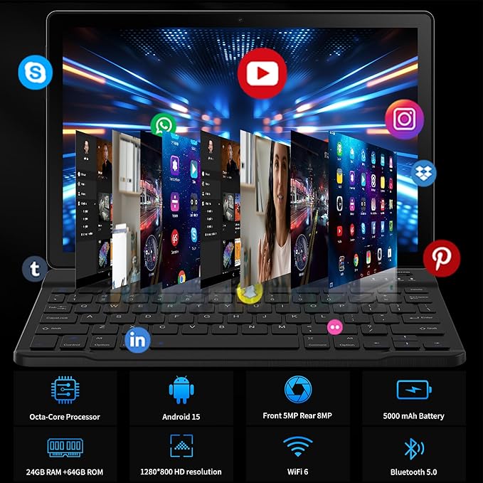 Latest 2025 Upgraded Android Tablet 10.1 Inch with IPS HD Touch Screen, Dual Camera, 64GB Storage 1TB Expansion, 8 in 1 Tablets Kit with Keyboard, Protective Case, Mouse, Stylus, BT 5.4, WiFi 6
