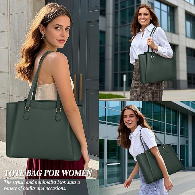 RAINSMORE Laptop Bag for Women 15.6 Inch Work Tote Bags Waterproof Computer Bags Leather Professional Laptop Purse Womens Laptop Briefcase Large Handbag for Office Teacher Travel, Green