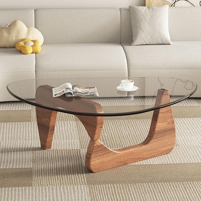 EASYSOUL Modern Glass Coffee Table, 32.68" D x 22.44" W x 15.75" H, Abstract Round Tea Tables for Living Room Home Office Industrial Cocktail Tables (Walnut-Clear Glass, 32.68")